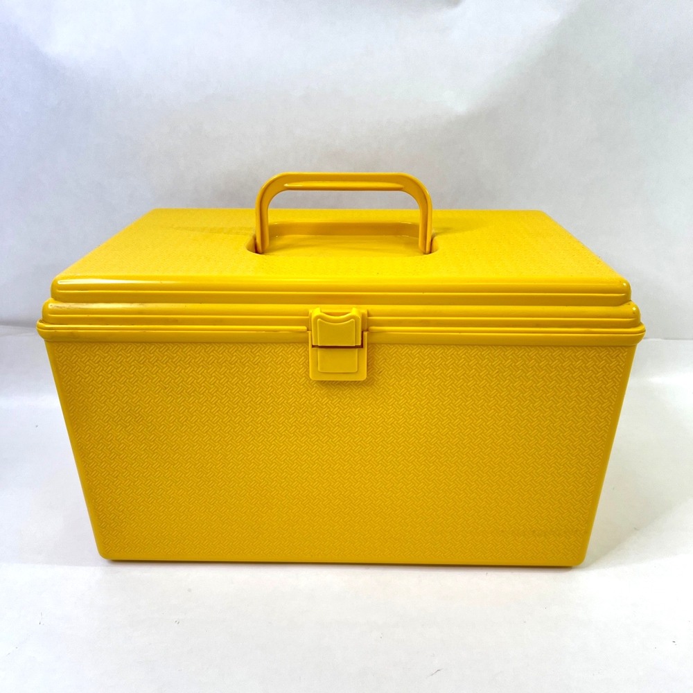 Vintage Hard Yellow Plastic Wilson Wil-Hold  Retro Sewing Box w Tray 14x9x8